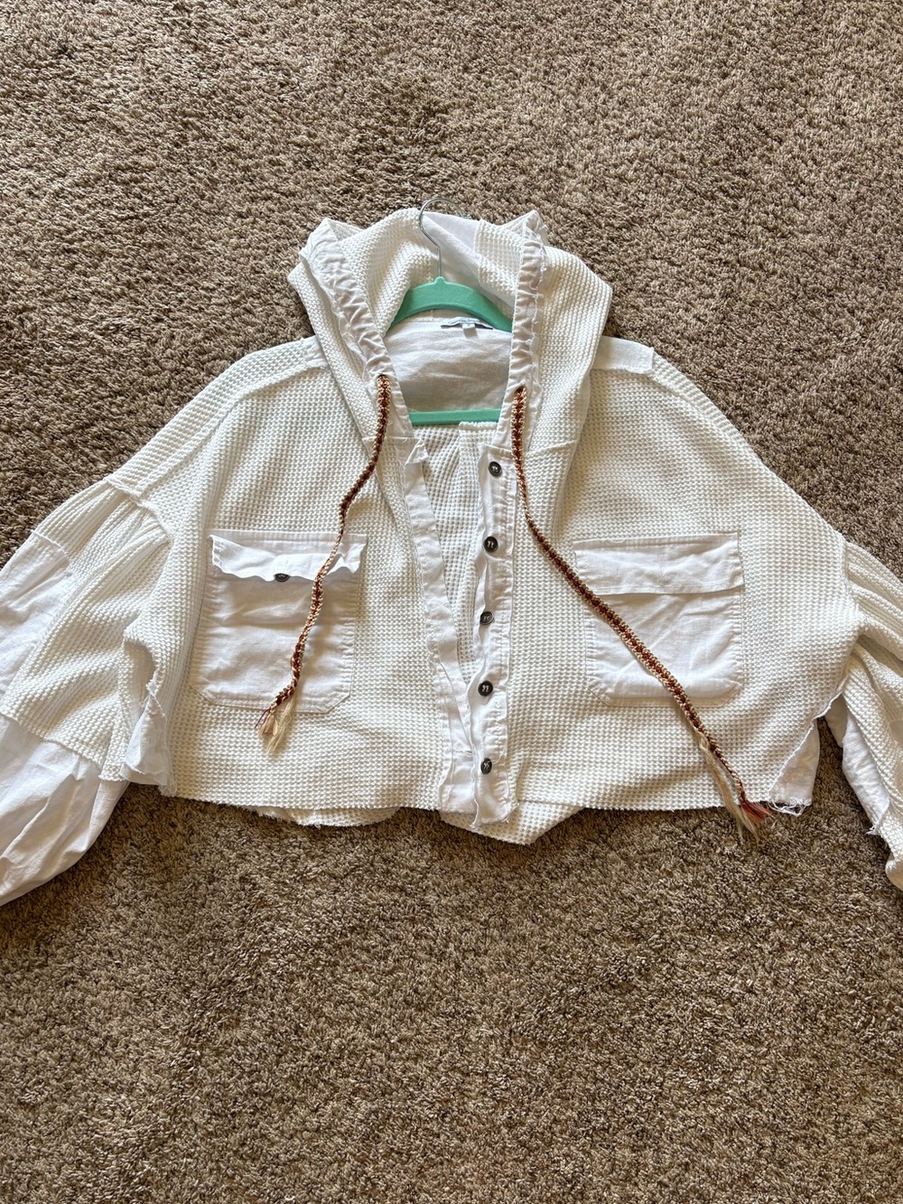 Cropped White Hooded Waffle-Knit Jacket with Button Front